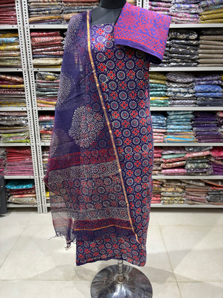 Ajrakh Cotton Handblock Office Wear Suit fabric with Kota Doria Dupatta