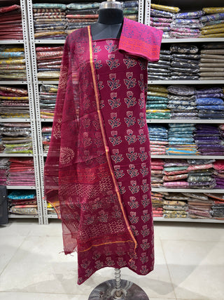 Ajrakh Cotton Handblock Office Wear Suit fabric with Kota Doria Dupatta