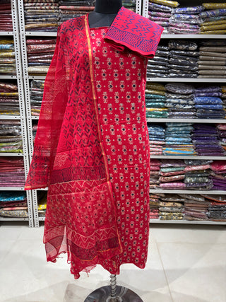 Ajrakh Cotton Handblock Office Wear Suit fabric with Kota Doria Dupatta