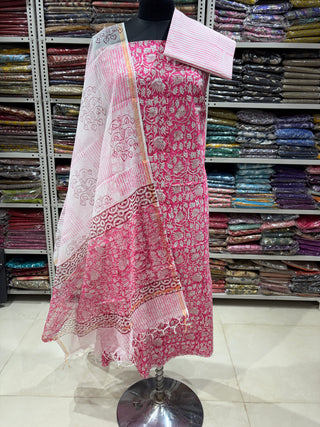 Cotton Handblock Office Wear Suit fabric with Kota Doria Dupatta