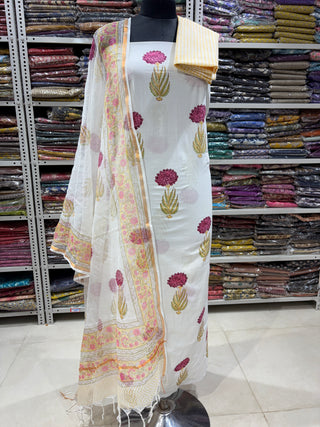 Cotton Handblock Office Wear Suit fabric with Kota Doria Dupatta (Code : 990)