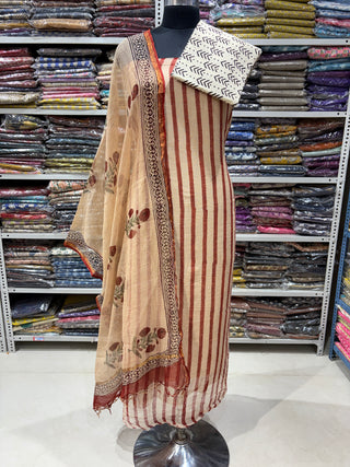 Hand block kota doria suit set for office wear (with extra lining included)