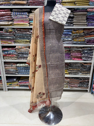 Hand block kota doria suit set for office wear (with extra lining included)