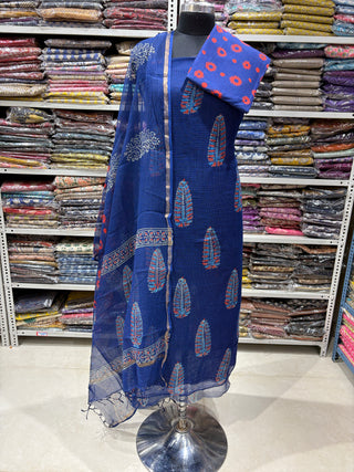 Blue Ajrakh Hand block kota doria suit set for office wear (with extra lining included)