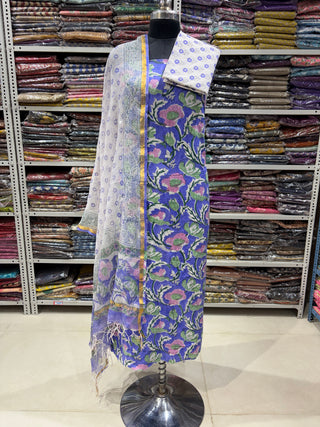 Sanganeri Print Cotton Handblock Office Wear Suit fabric with  Sanganeri Kota Doria Dupatta