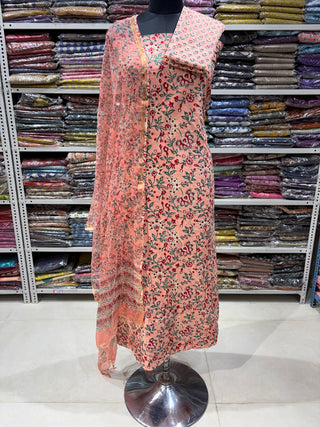 Sanganeri Print Cotton Handblock Office Wear Suit fabric with  Sanganeri Kota Doria Dupatta