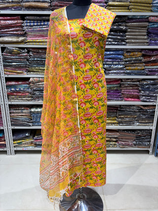 Sanganeri Print Cotton Handblock Office Wear Suit fabric with  Sanganeri Kota Doria Dupatta