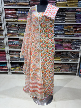 Sanganeri Print Cotton Handblock Office Wear Suit fabric with  Sanganeri Kota Doria Dupatta