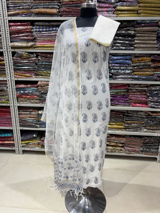 Sanganeri Print Cotton Handblock Office Wear Suit fabric with Sanganeri Kota Doria Dupatta