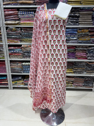 Sanganeri Print Cotton Handblock Office Wear Suit fabric with Sanganeri Kota Doria Dupatta