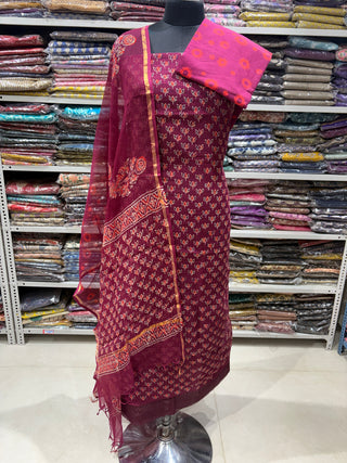 Hand block kota doria suit set for office wear (with extra lining included)