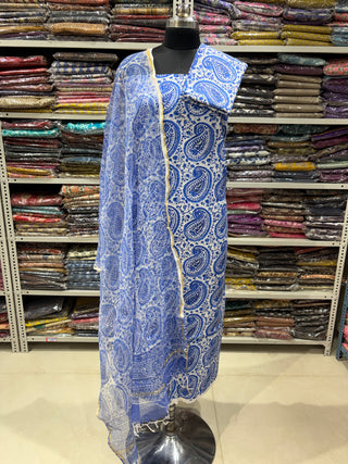 Cotton Handblock Office Wear Suit fabric with Kota Doria Dupatta (Suit Fabric #2344)
