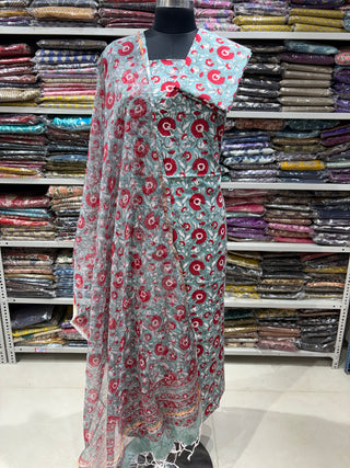 Cotton Handblock Office Wear Suit fabric with Kota Doria Dupatta (Suit Fabric #2391)