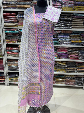 Pink Cotton Handblock Office Wear Suit fabric with Kota Doria Dupatta