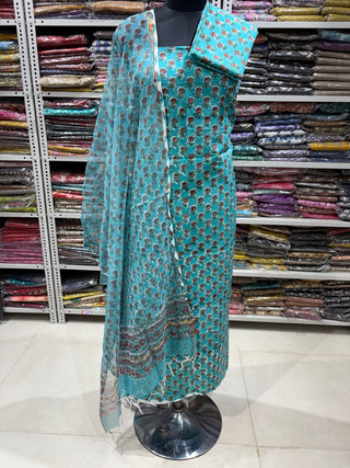 Handblock Cotton Office Wear Suit fabric with Kota Doria Dupatta (#2395)
