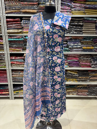 Handblock Cotton Office Wear Top Bottom and Dupatta Combo (Suit Fabric #2327)