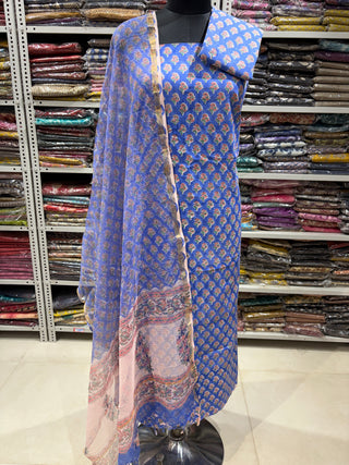 Cotton Handblock Office Wear Suit fabric with Kota Doria Dupatta (Suit Fabric #2328)