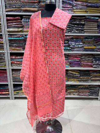 Cotton Handblock Office Wear Suit fabric with Kota Doria Dupatta (Suit Fabric #2337)