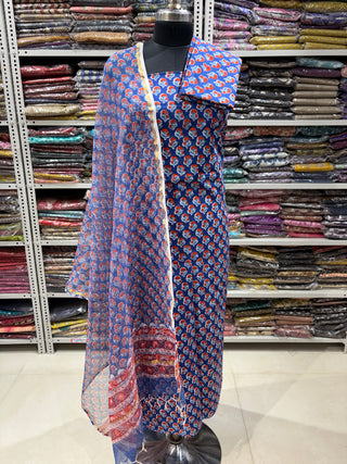 Cotton Handblock Office Wear Suit fabric with Kota Doria Dupatta (Suit Fabric #2326)