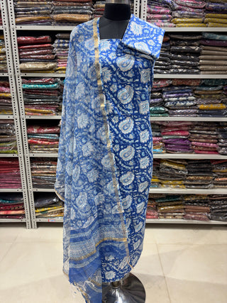 Cotton Handblock Office Wear Suit fabric with Kota Doria Dupatta (Suit Fabric #2329)