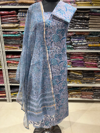 Cotton Handblock Office Wear Suit fabric with Kota Doria Dupatta (Suit Fabric #2349)