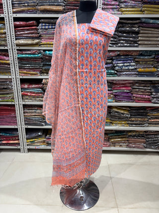 Cotton Handblock Office Wear Suit fabric with Kota Doria Dupatta (Suit Fabric #2336)