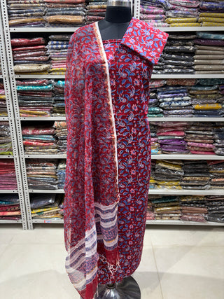 Handblock Cotton Office Wear Top Bottom and  Dupatta Combo (Suit Fabric #2357)