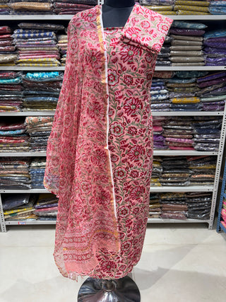 Cotton Handblock Office Wear Suit fabric with Kota Doria Dupatta (Suit Fabric #2330)