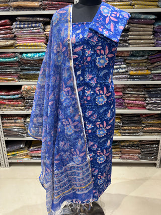 Handblock Cotton Office Wear Suit fabric with Kota Doria Dupatta (#2397)