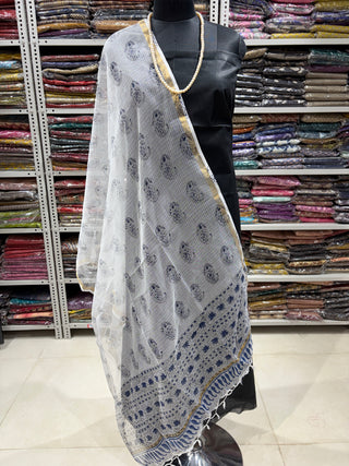 Kota Doria Dupatta with  Sanganeri print