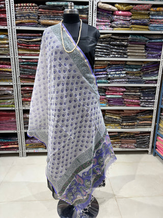 Kota Doria Dupatta with  Sanganeri print