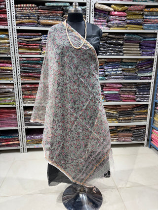 Kota Doria Dupatta with  Sanganeri print