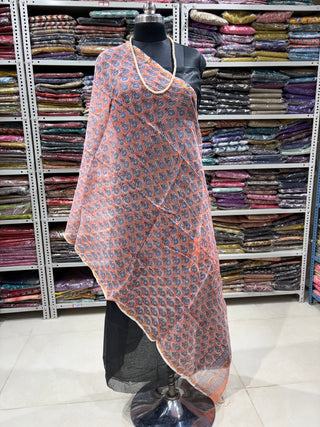 Kota Doria Dupatta with  Sanganeri print