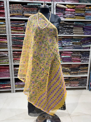 Kota Doria Dupatta with  Sanganeri print