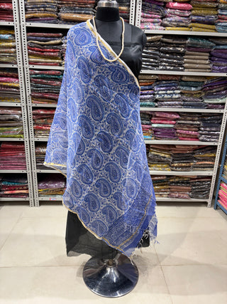 Kota Doria Dupatta with  Sanganeri print