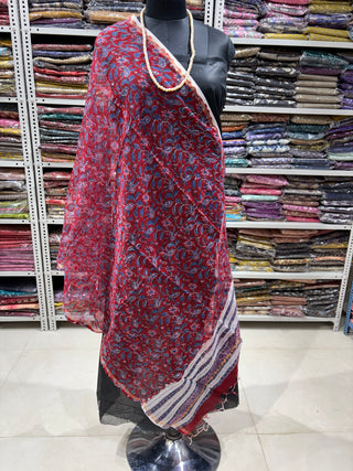 Kota Doria Dupatta with  Sanganeri print