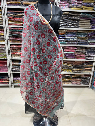 Kota Doria Dupatta with  Sanganeri print