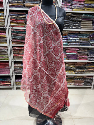 Kota Doria Dupatta with  Sanganeri print