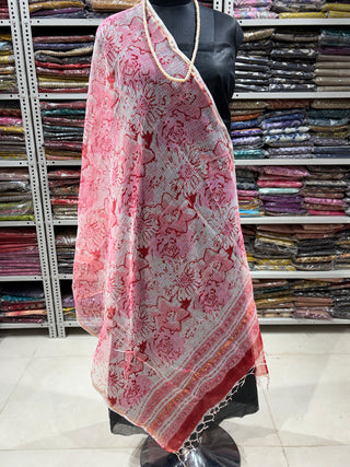 Kota Doria Dupatta with  Sanganeri print