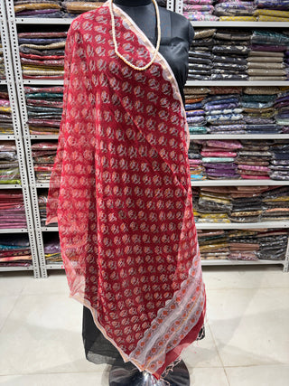 Kota Doria Dupatta with  Sanganeri print