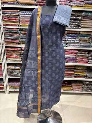 Handblock Maheshwari Suit Material with Maheshwari Dupatta(Lining Included)