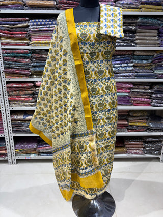 Handblock Maheshwari Suit Material with Maheshwari Dupatta(Lining Included)