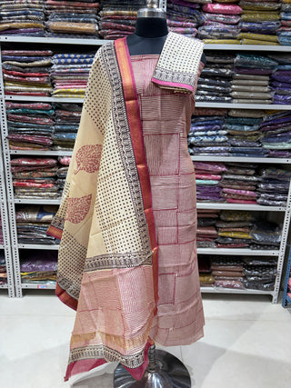 Handblock Maheshwari Suit Material with Maheshwari Dupatta(Lining Included)
