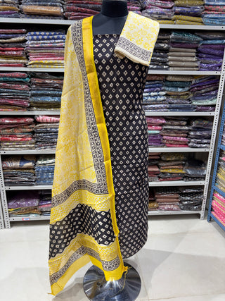 Black Ajrakh Handblock Maheshwari Suit Material with Maheshwari Dupatta(Lining Included)