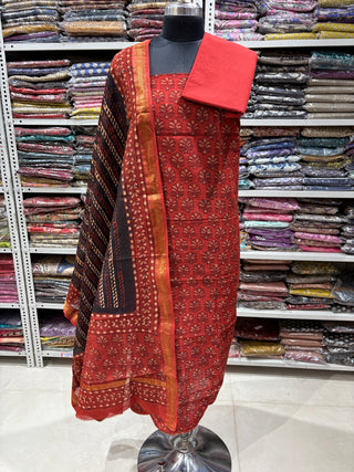 Red Ajrakh Handblock Maheshwari Suit Material with Maheshwari Dupatta(Lining Included)