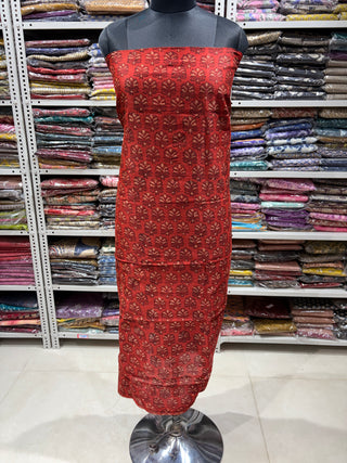 Red Ajrakh Handblock Maheshwari Suit Material with Maheshwari Dupatta(Lining Included)