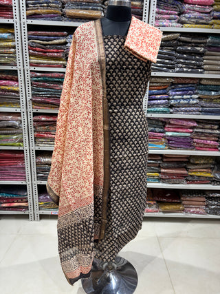 Handblock Maheshwari Suit Material with Maheshwari Dupatta(Lining Included)