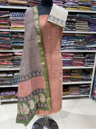 Handblock Maheshwari Suit Material with Maheshwari Dupatta(Lining Included)