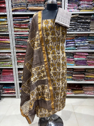 Vanaspati Ajrakh Handblock Maheshwari Suit Material with Maheshwari Dupatta(Lining Included)