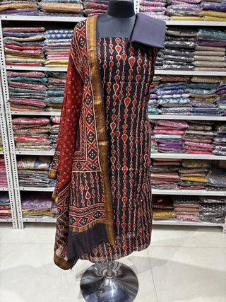 Black Ajrakh Handblock Maheshwari Suit Material with Maheshwari Dupatta(Lining Included)